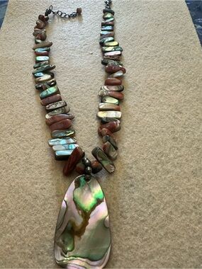 Necklace Abalone & Jasper Beaded Statement Necklace - Iridescent Green Brown